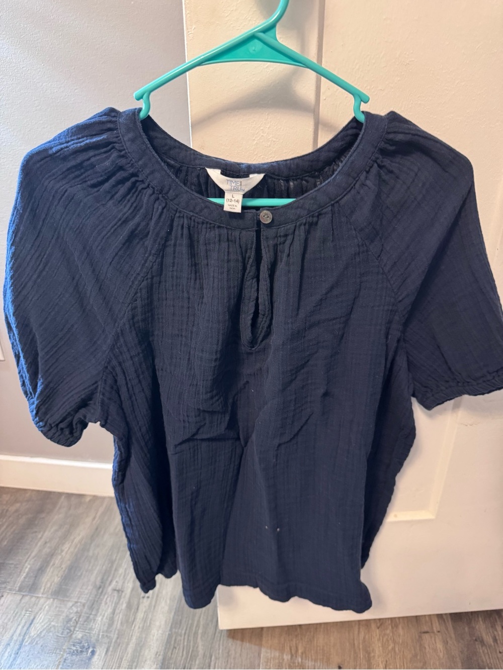 Time and Tru Navy Short-Sleeve Peasant Top